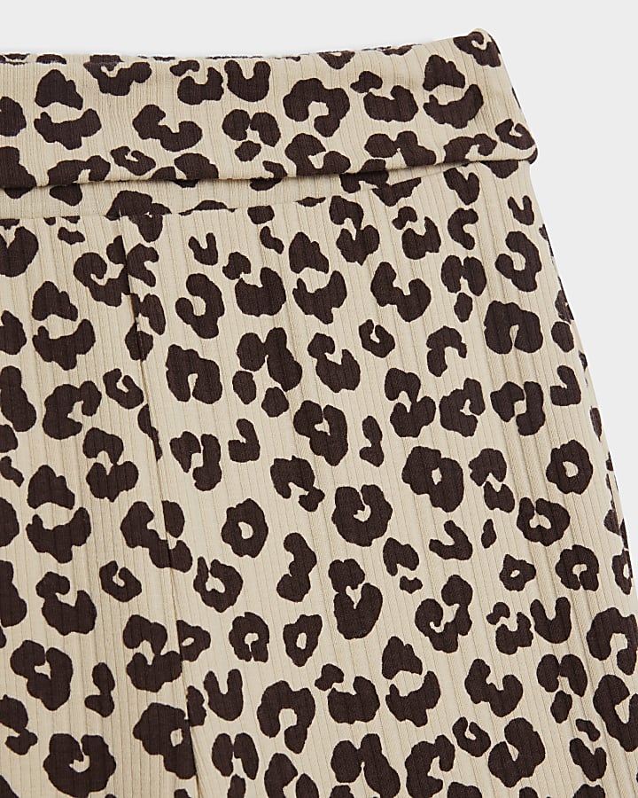 Girls beige leopard print flare trousers