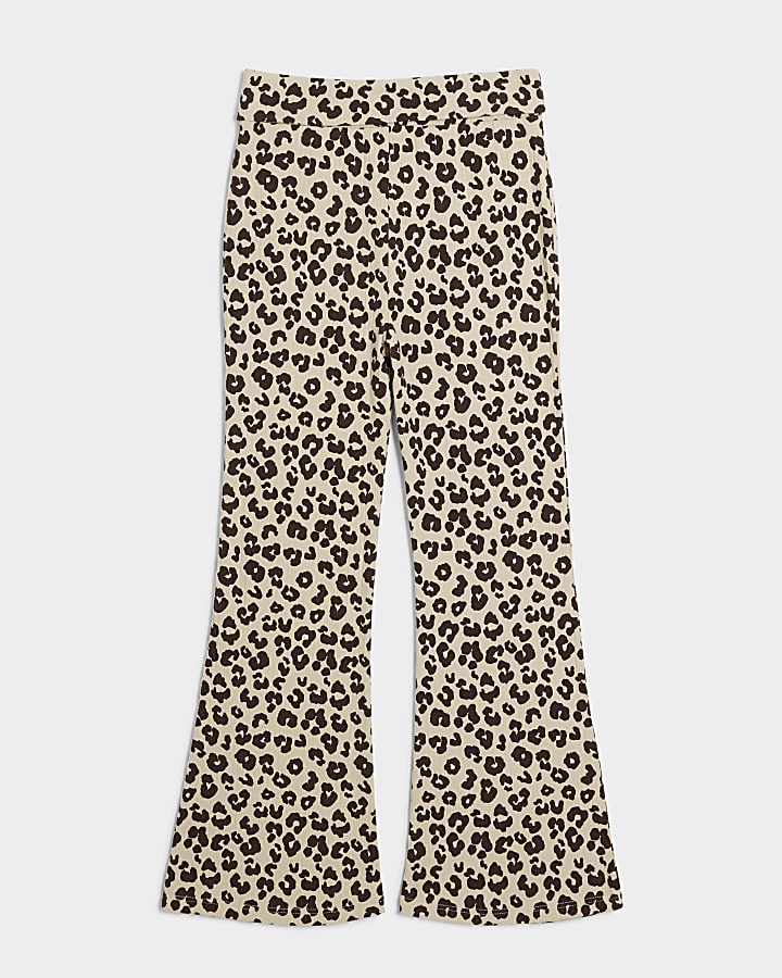 Girls beige leopard print flare trousers