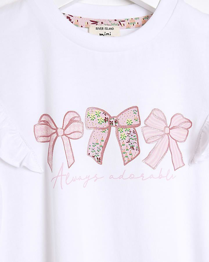 Mini girls white bow frill t-shirt set