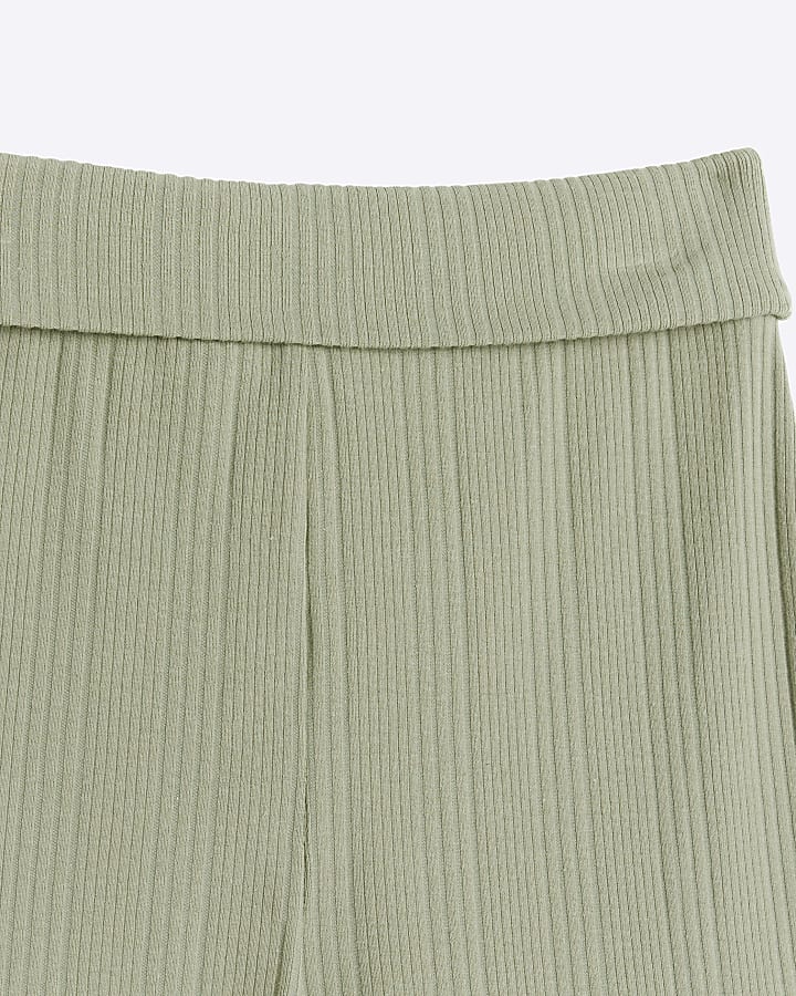 Girls green ribbed fold over waist leggings