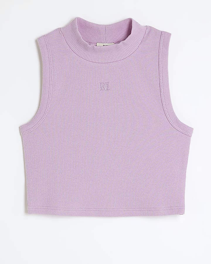 Girls purple ribbed high neck tank top