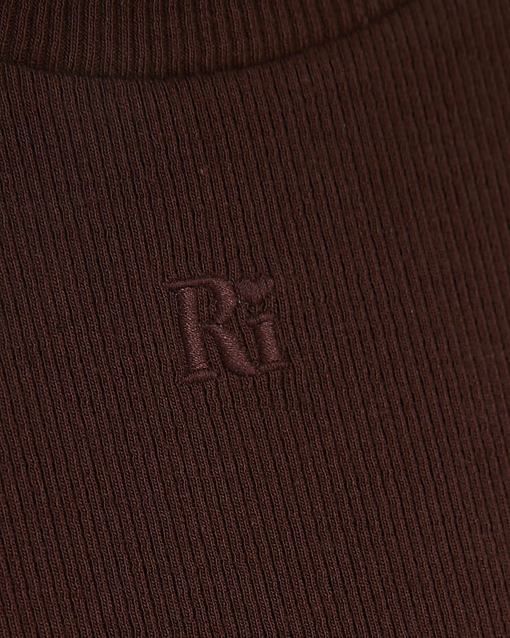 Girls brown ribbed high neck tank top