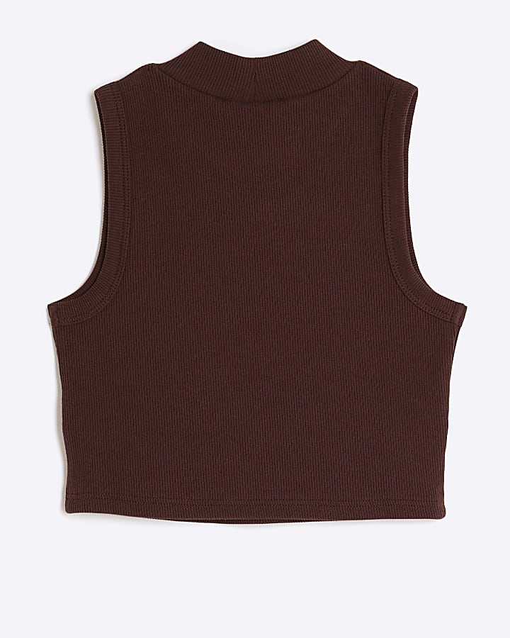 Girls brown ribbed high neck tank top