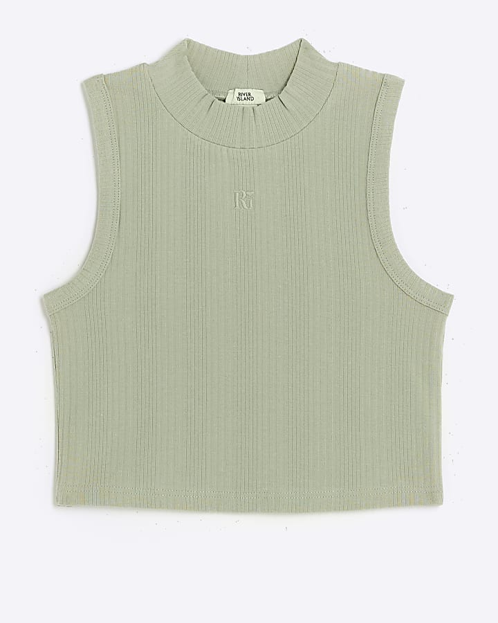 Girls green ribbed high neck tank top