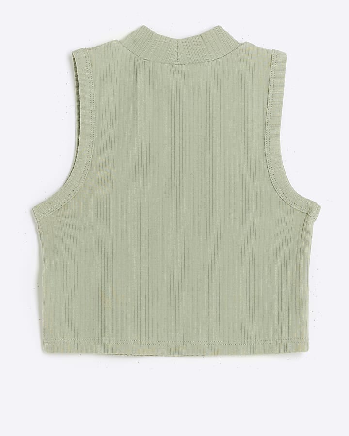 Girls green ribbed high neck tank top