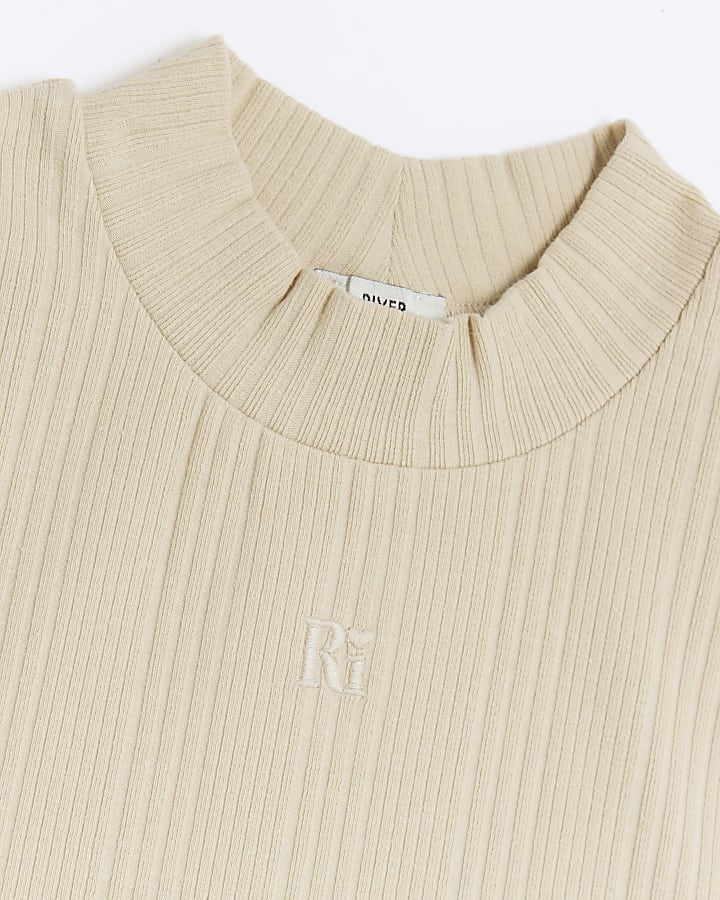 Girls Beige ribbed high neck tank top