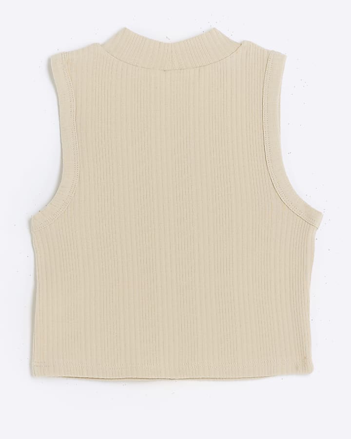 Girls Beige ribbed high neck tank top