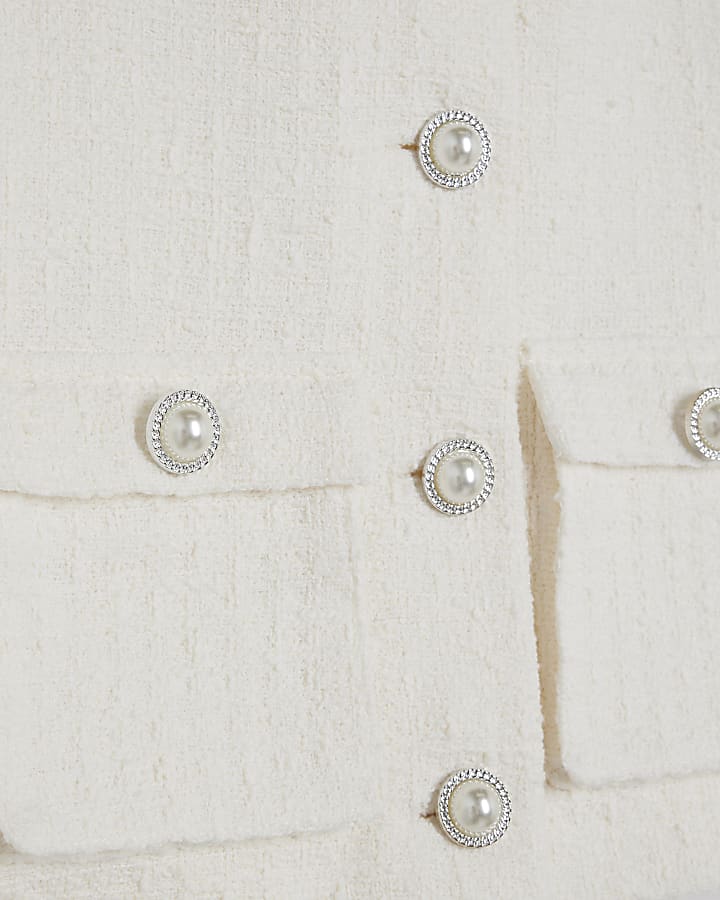 Girls cream boucle pearl jacket