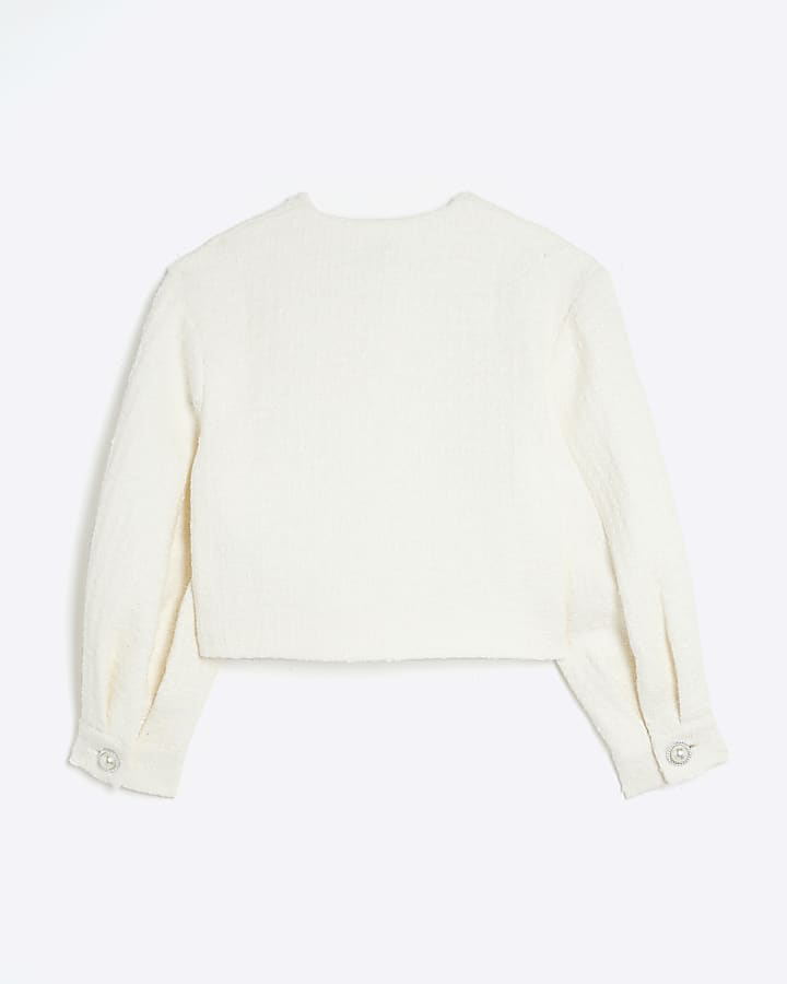 Girls cream boucle pearl jacket