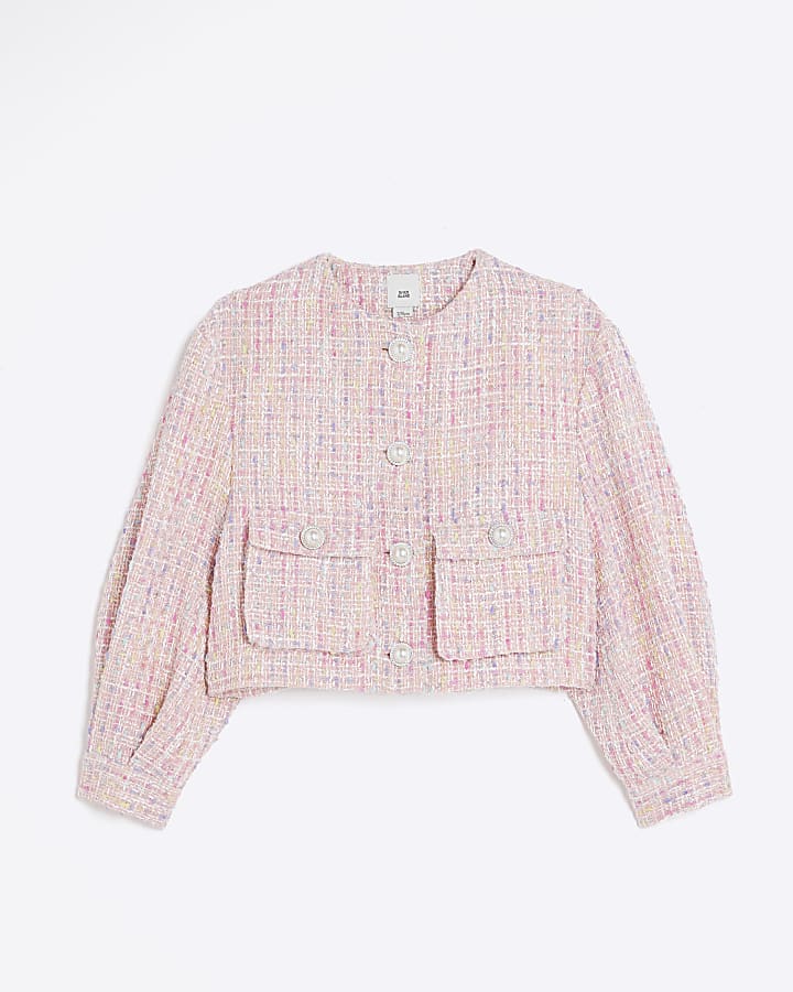 Girls pink boucle pearl jacket