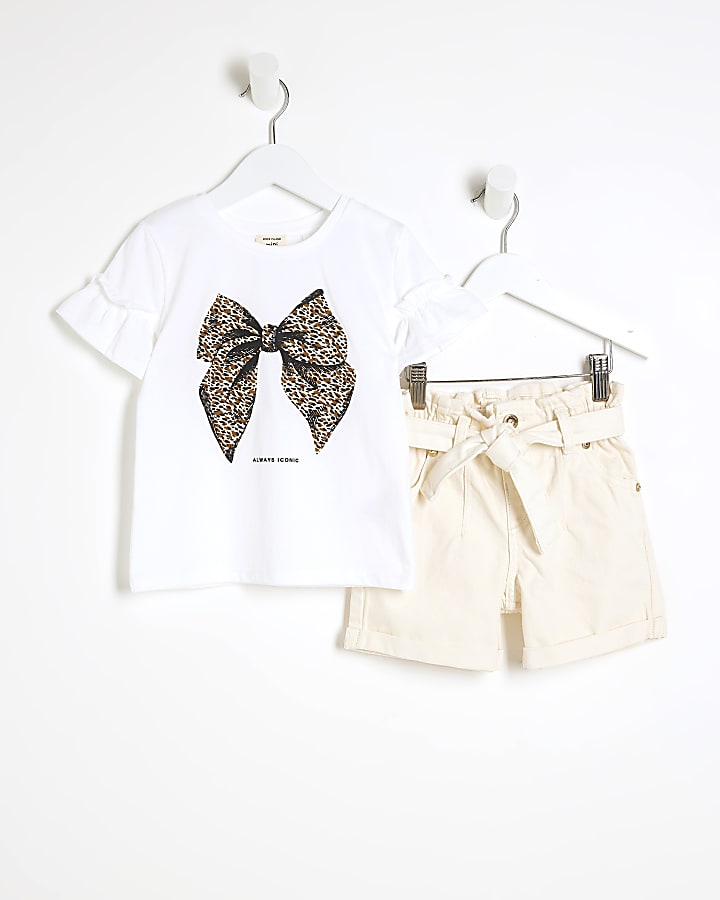 Mini girls white leopard print bow t-shirt