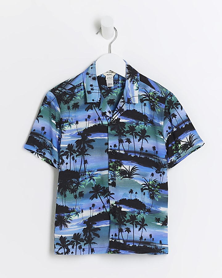 Mini boys blue palm print shirt