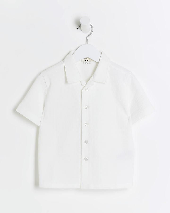 Mini boys white seersucker short sleeve shirt