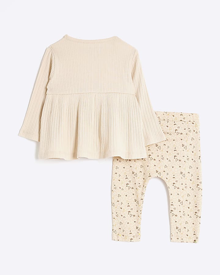 Baby girl beige ribbed bow peplum set