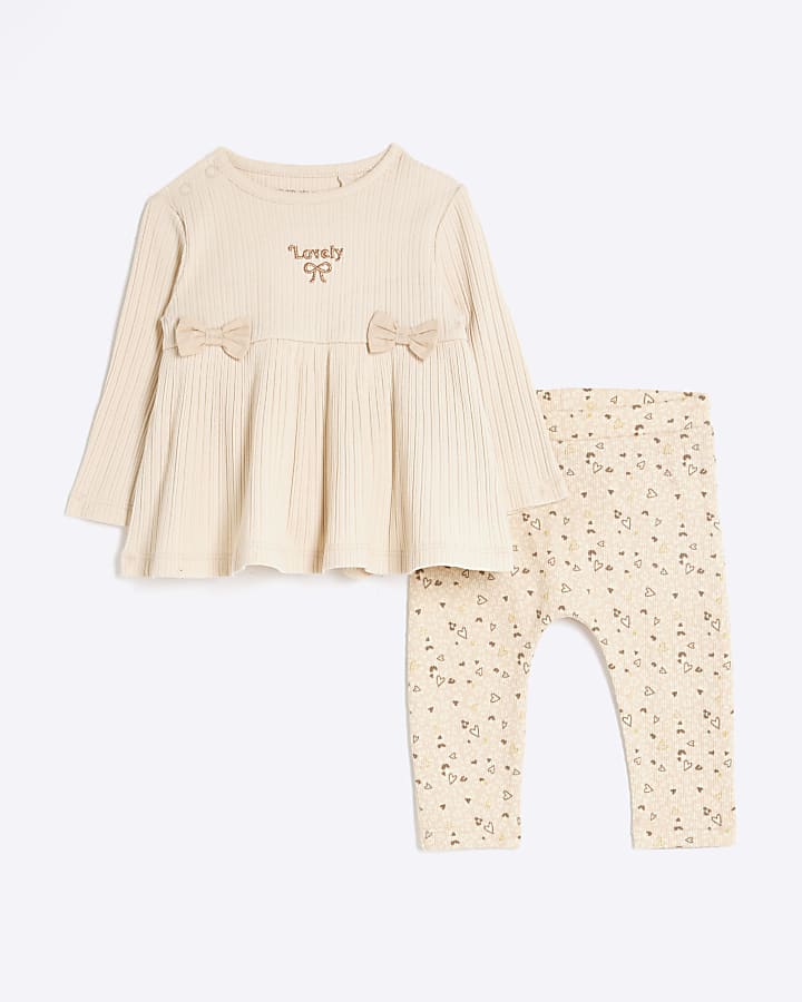 Baby girl beige ribbed bow peplum set