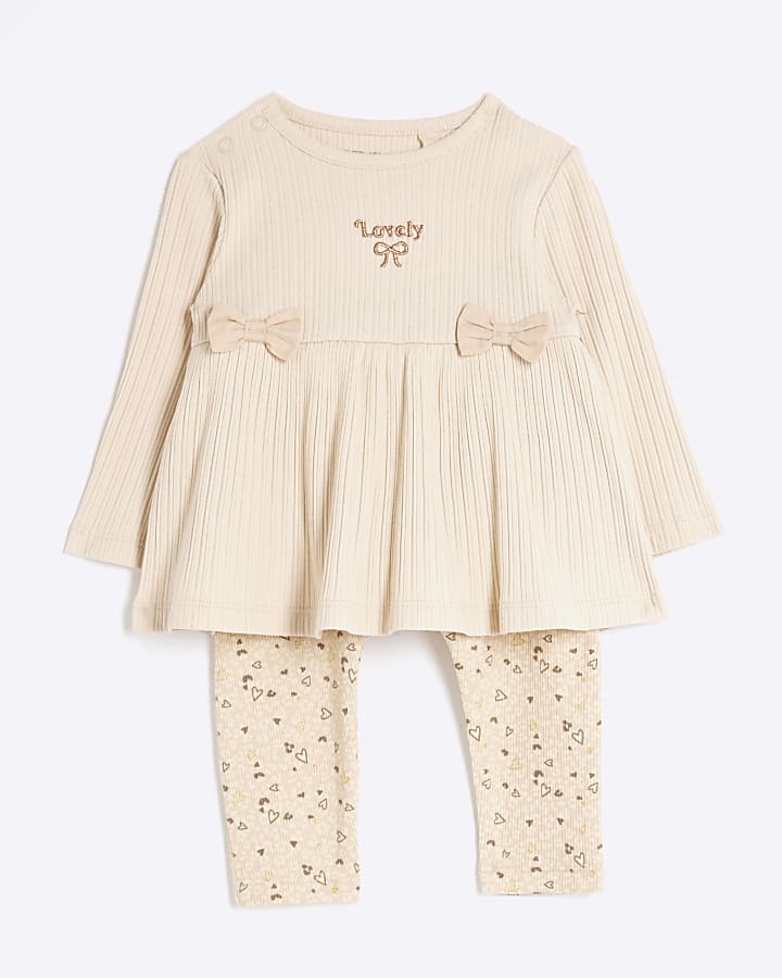 Baby girl beige ribbed bow peplum set