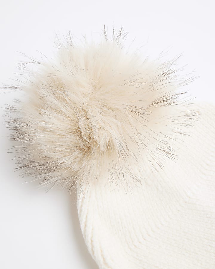 Girls Cream Oversized Pom Pom Beanie