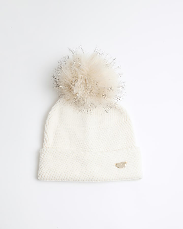 Girls Cream Oversized Pom Pom Beanie