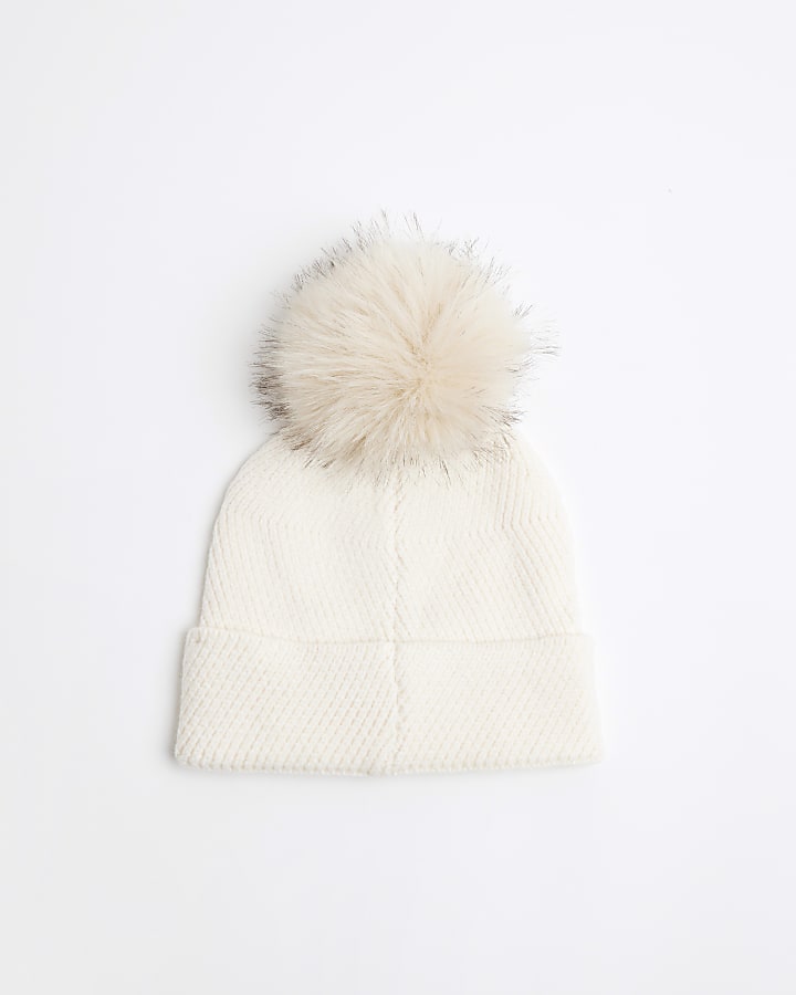 Girls Cream Oversized Pom Pom Beanie