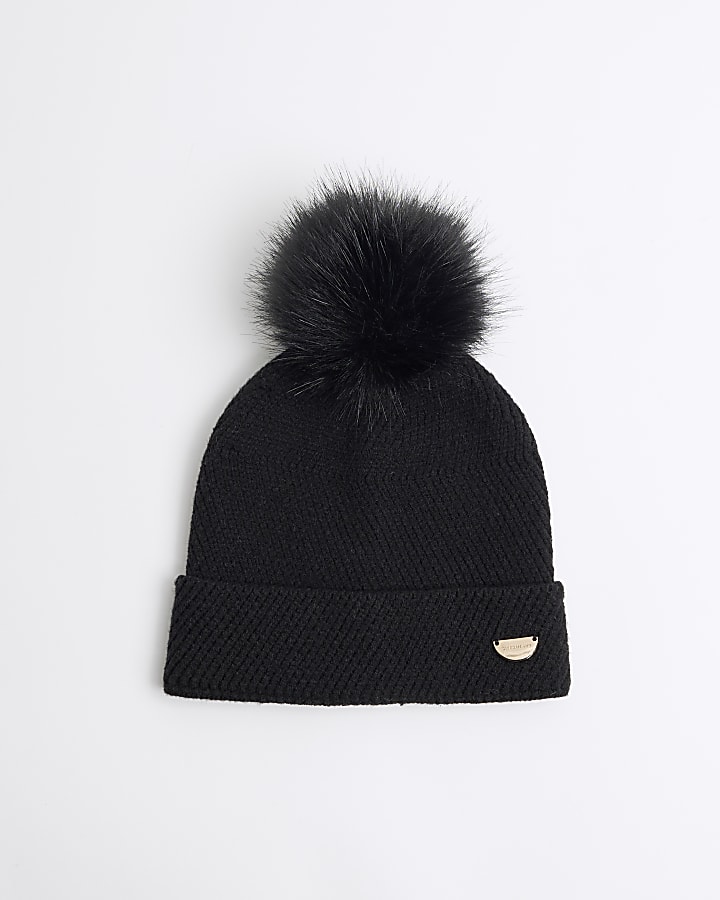 Girls Black Oversized Pom Pom Beanie