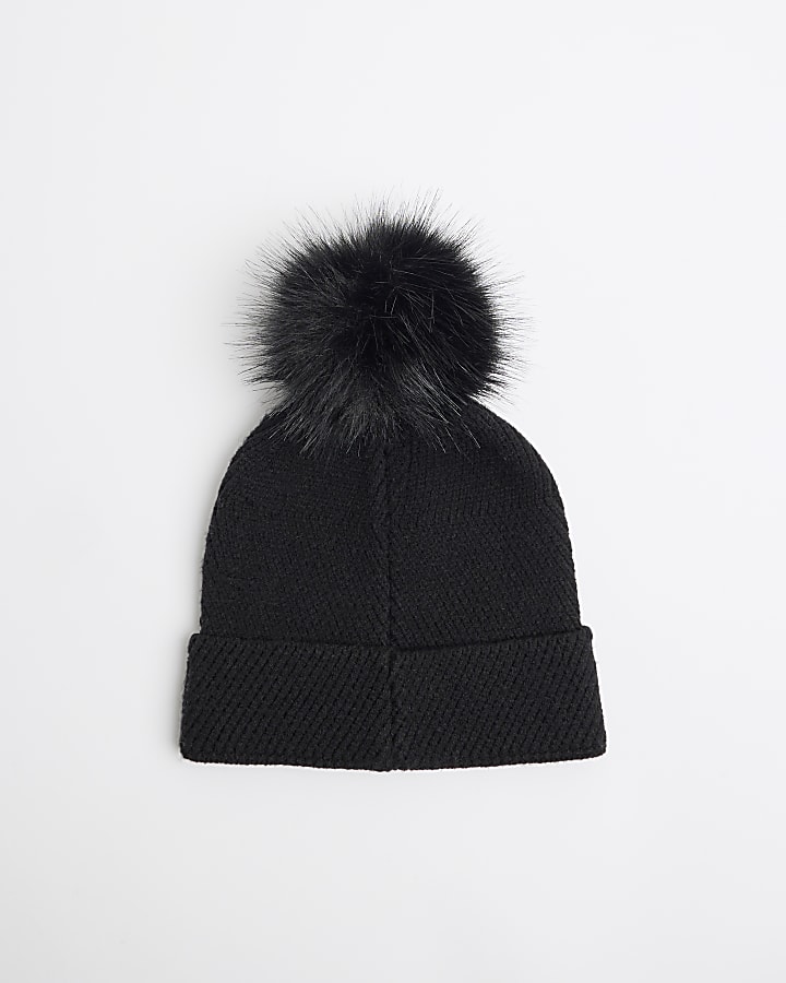 Girls Black Oversized Pom Pom Beanie