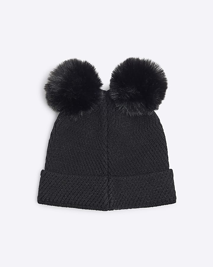 Mini Girls Black Double Pom Beanie