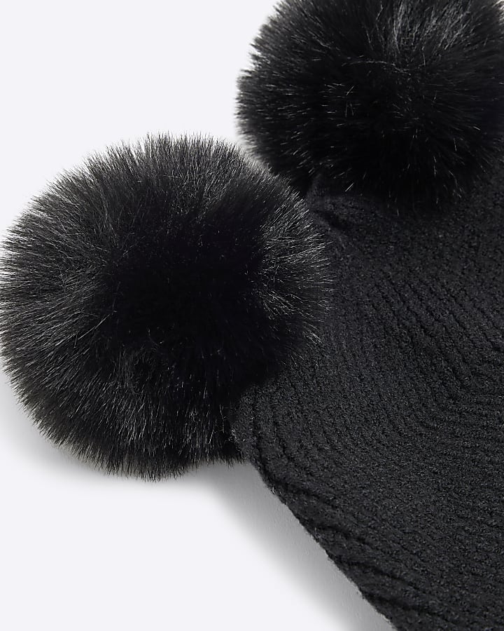 Mini Girls Black Double Pom Beanie