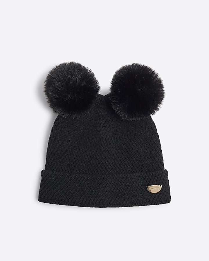 Mini Girls Black Double Pom Beanie