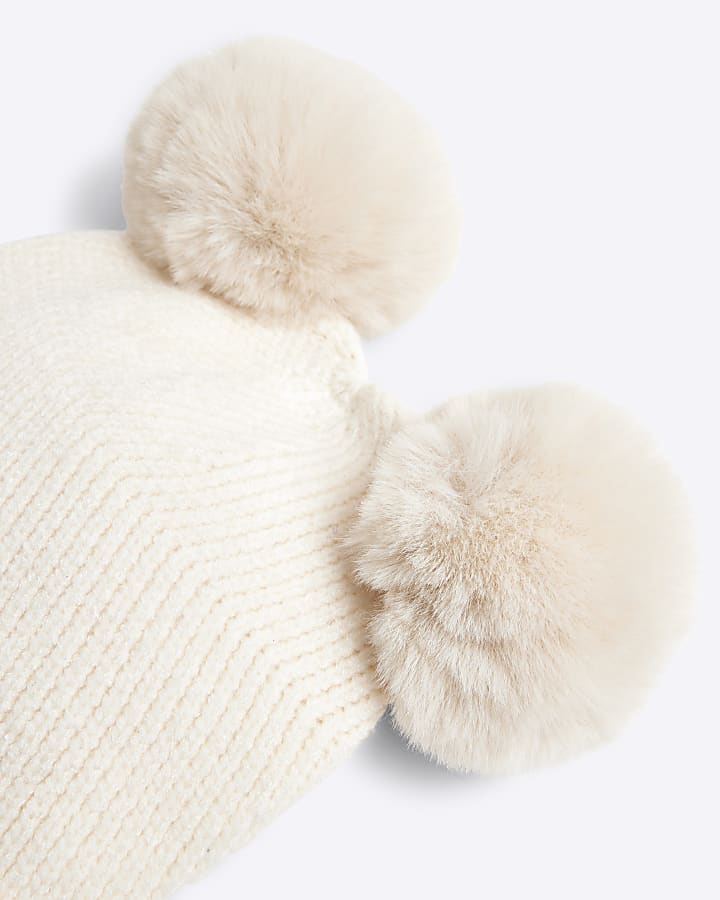 Mini Girls Cream Pom Pom Beanie