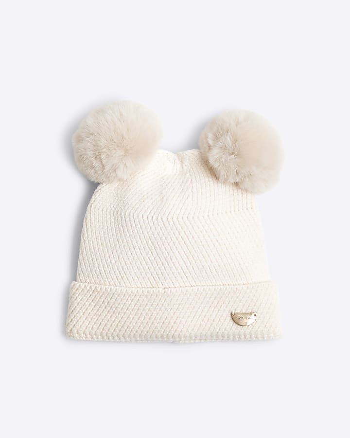 Mini Girls Cream Pom Pom Beanie