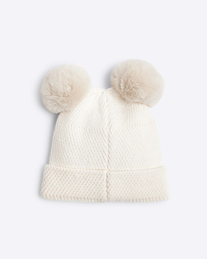 Mini Girls Cream Pom Pom Beanie