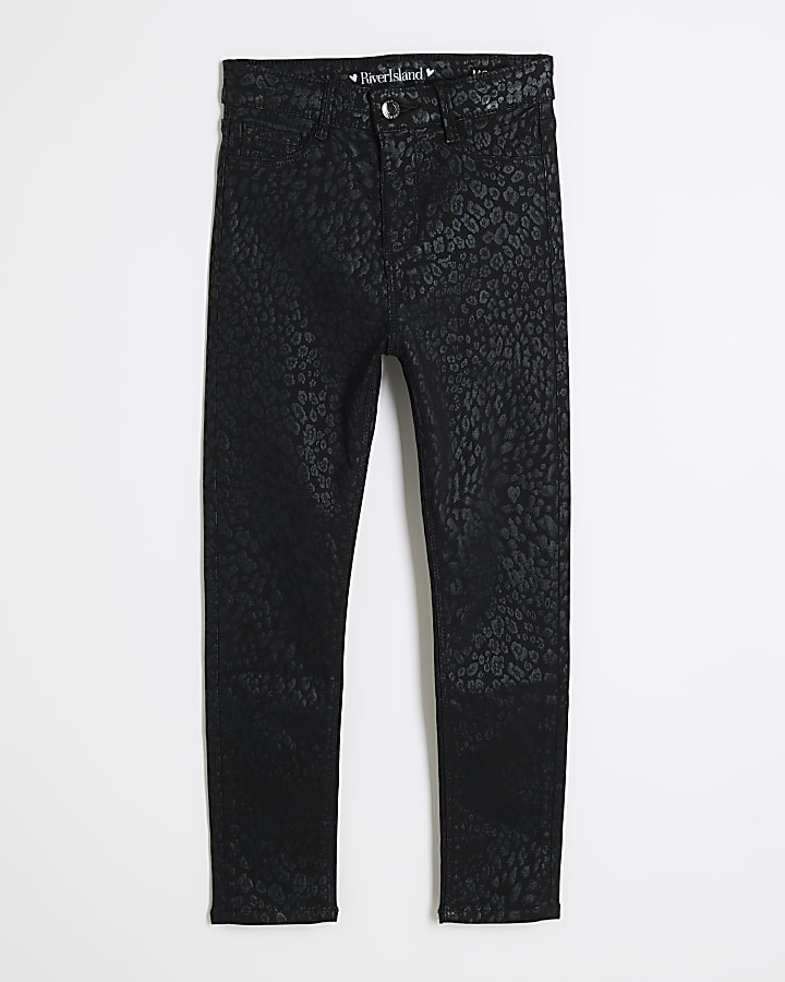 Girls Black Skinny Fit Leopard Coated Jeans River Island