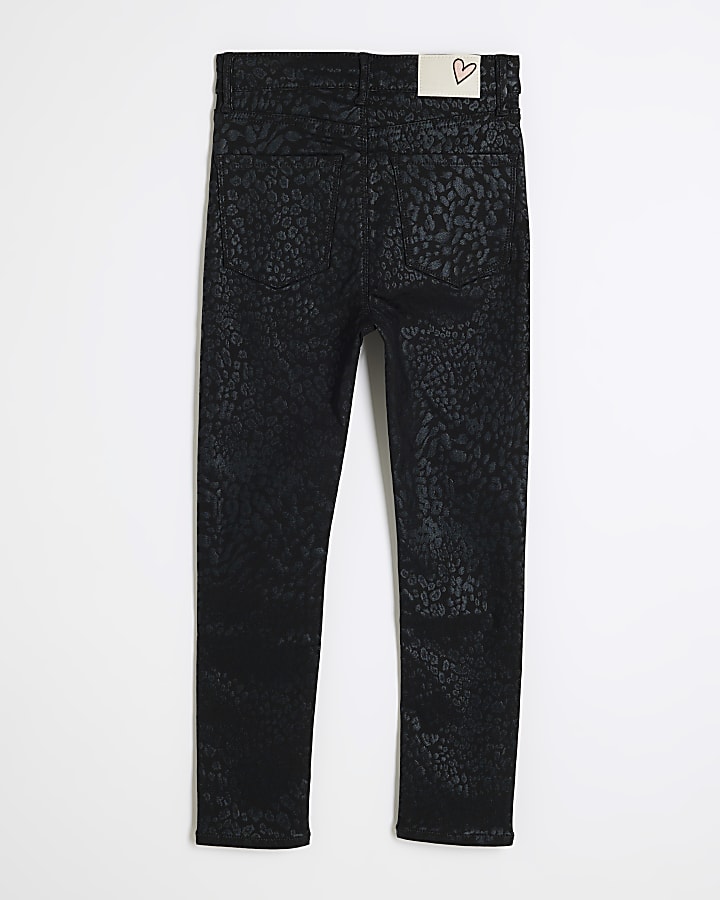 Girls Black Skinny Fit Leopard Coated Jeans