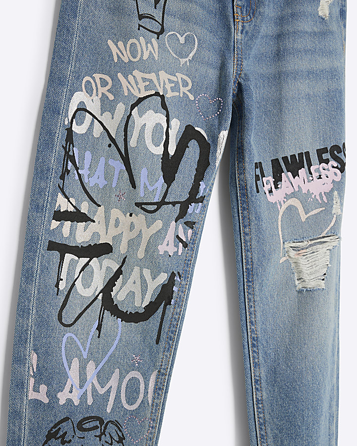 Girls Blue Graffiti Relaxed Mom Jeans