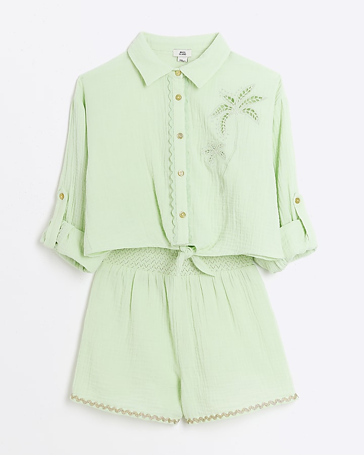 Girls green palm embroidered shirt set