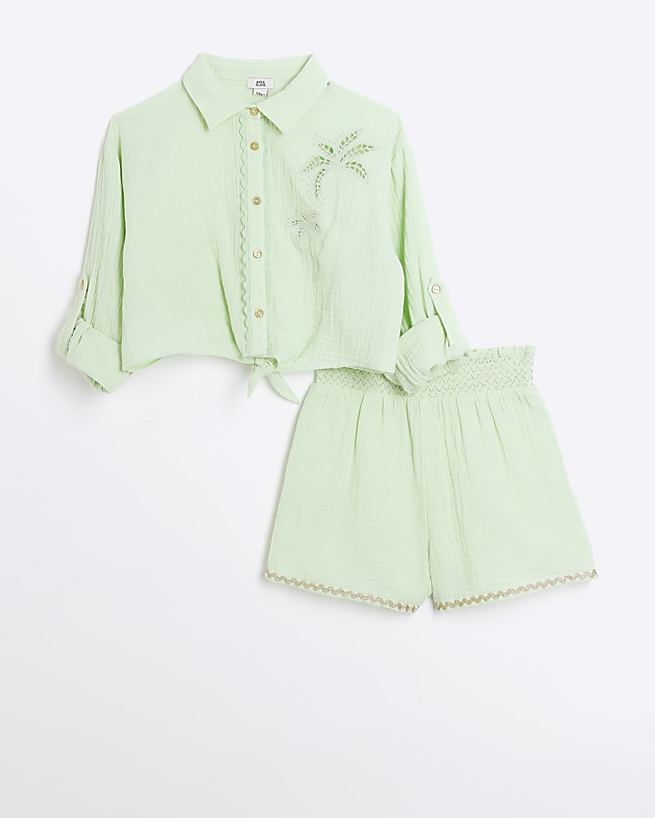 Girls green palm embroidered shirt set