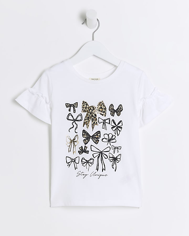 Mini girls white leopard print bow t-shirt