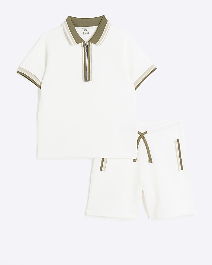 Boys ecru textured polo and shorts set