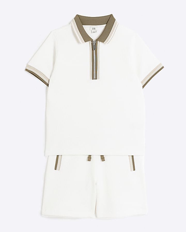 Boys ecru textured polo and shorts set