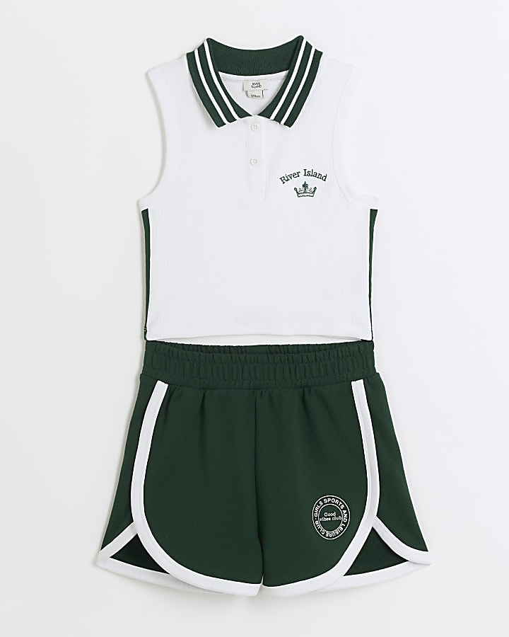 Girls white sports polo top and shorts set