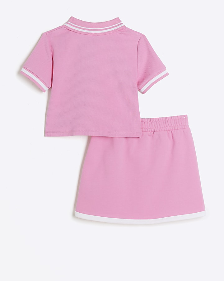 Girls pink sports polo t-shirt and skirt set