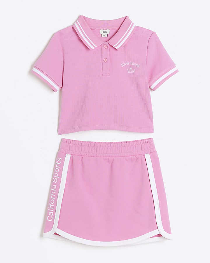 Girls pink sports polo t-shirt and skirt set