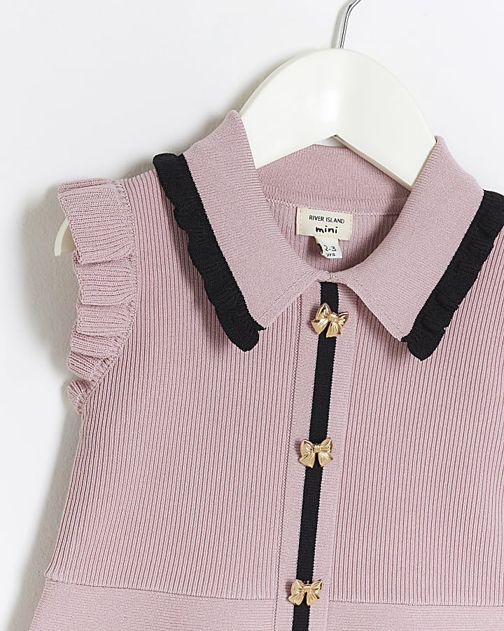 Mini girls pink knit bow button dress