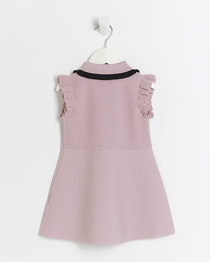 Mini girls pink knit bow button dress