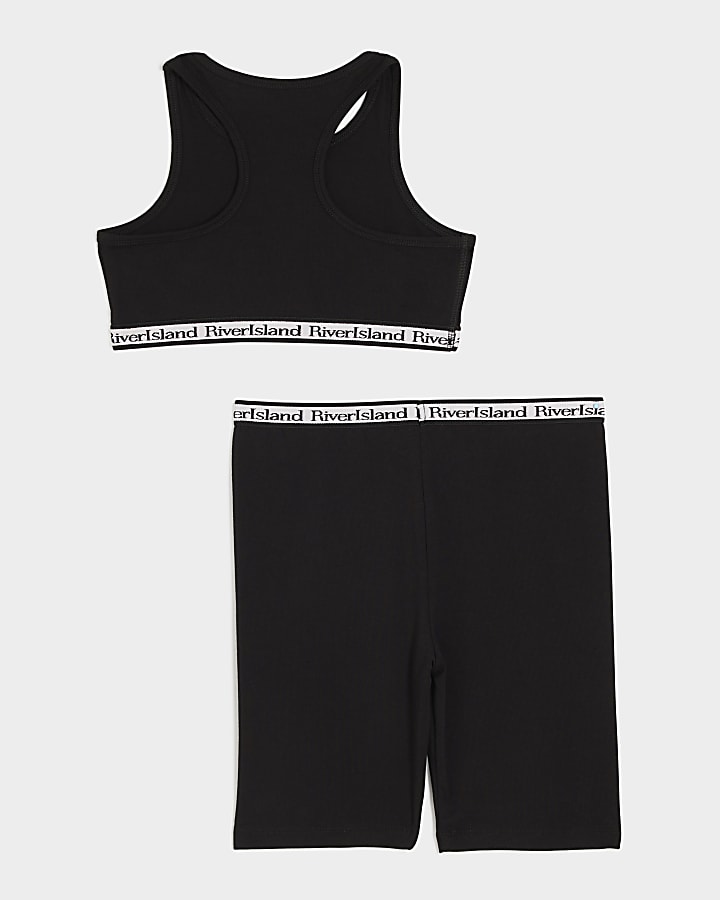 Girls Black Crop Top And Cycle Shorts Set