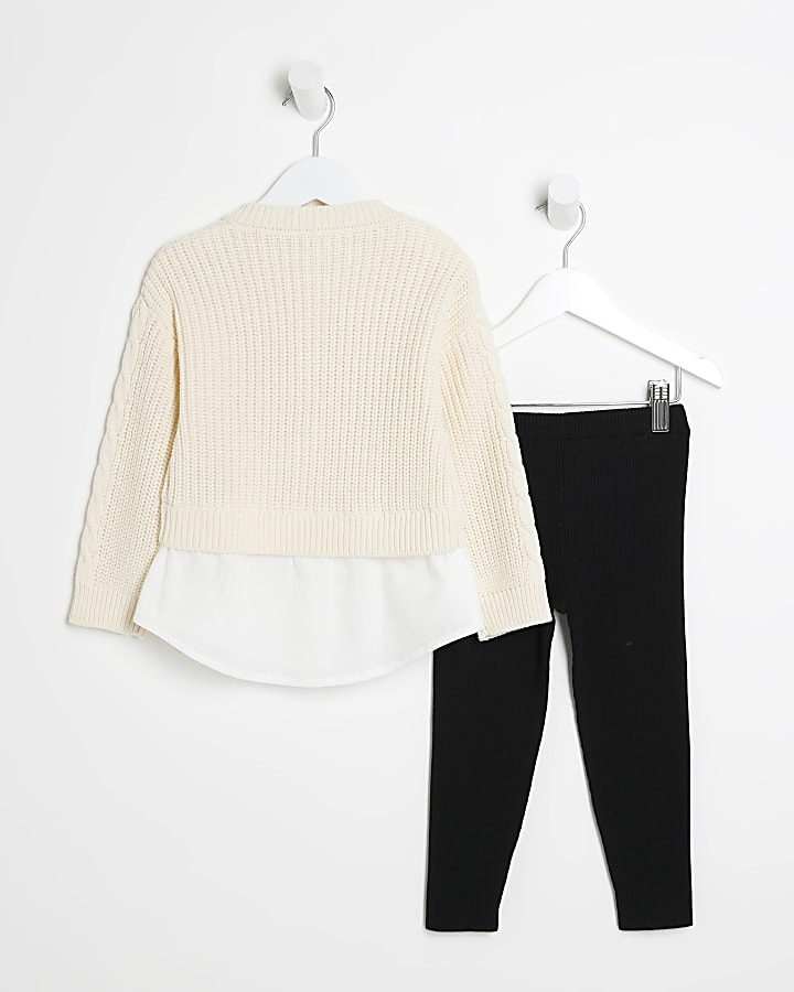 Mini girls beige cable cardigan hybrid set