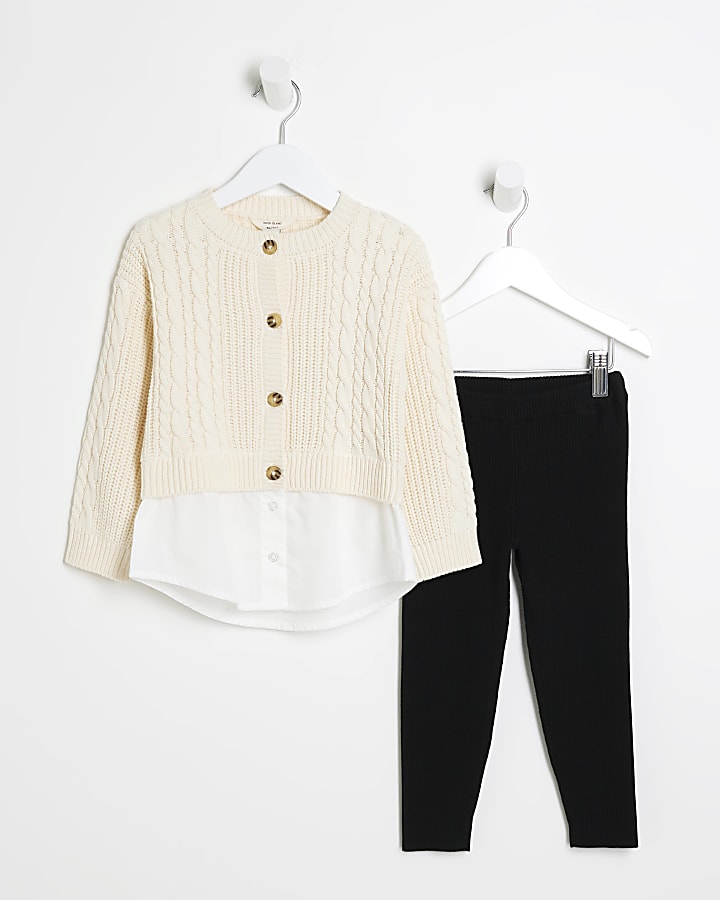Mini girls beige cable cardigan hybrid set