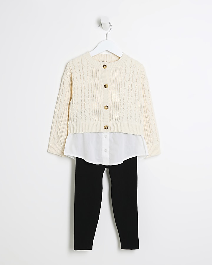 Mini girls beige cable cardigan hybrid set