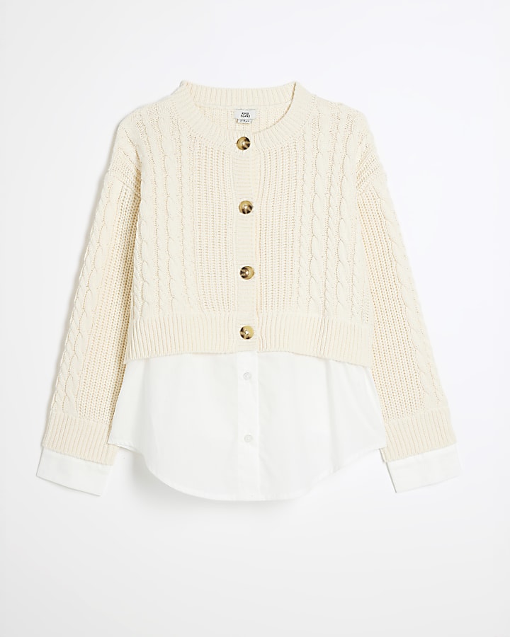 Girls beige cable cardigan hybrid top