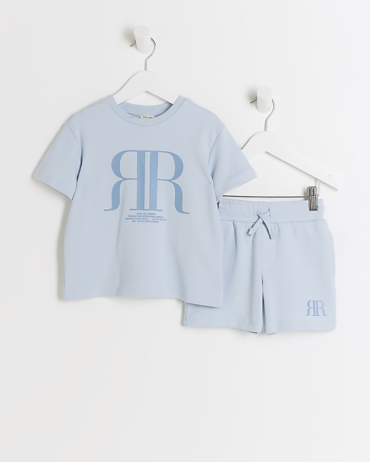 Mini boys blue embossed graphic t-shirt set